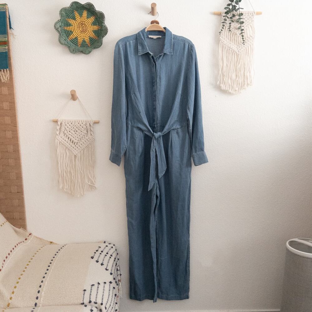 LOFT Light Blue Denim Jumpsuit with Waist Tie